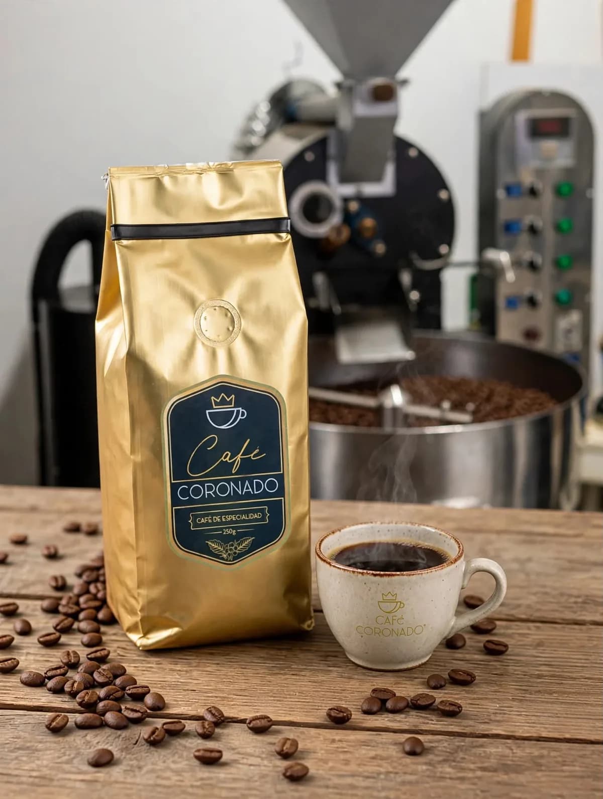 Bolsa dorada de Café Coronado de 250 g junto a una taza, frente a la tostadora